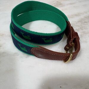 Green and Navy Whale Print Webbing Belt with Brown Leather Trim size 28